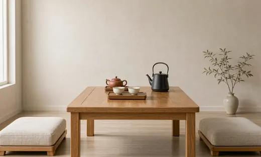 原木茶台配紫砂茶壶、铁壶与瓷杯，两侧亚麻坐垫