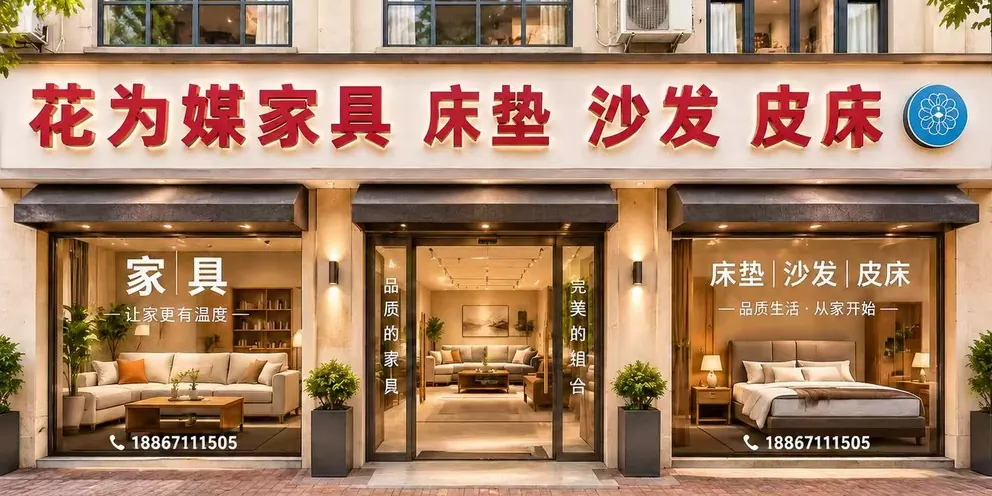花为媒家具袁浦街店面门头：白底红字店招写着「花为媒家具 床垫 沙发 皮床」，两侧橱窗摆着布艺沙发、软床与餐桌